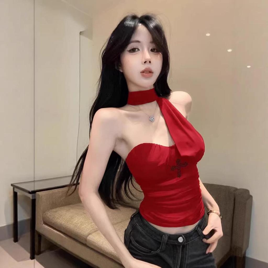 Hot Girl Halter Strap Padded Camisole - Slim Fit Pleated Waist, Sheer Back Sleeveless Top