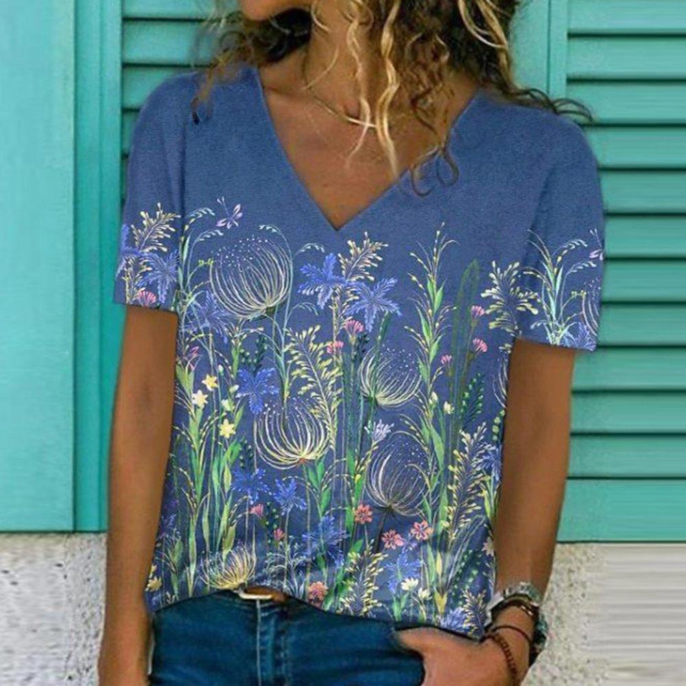 Damen Retro V-Ausschnitt Kurzarm T-Shirt, Nische Sommer Casual Locker T-Shirt