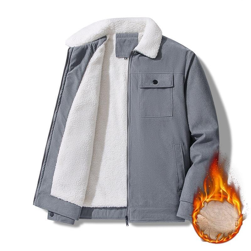 Corduroy Work Jacket for Winter Men's Plush Thickened Lamb Velvet Collar Jacket for Middle-aged and Elderly Cotton Clothing