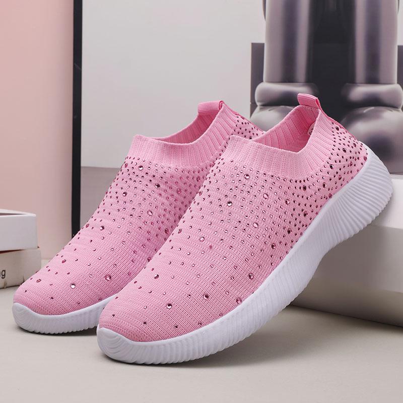 Plus Size Rhinestone Stretch Sock Women's Flyknit Casual Shoes - Lightweight & Breathable MD Sole