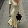 Women's Deep V Neck Short Sleeve Knit Maxi Dress Slim Fit Front Split Bodycon Mermaid Gown