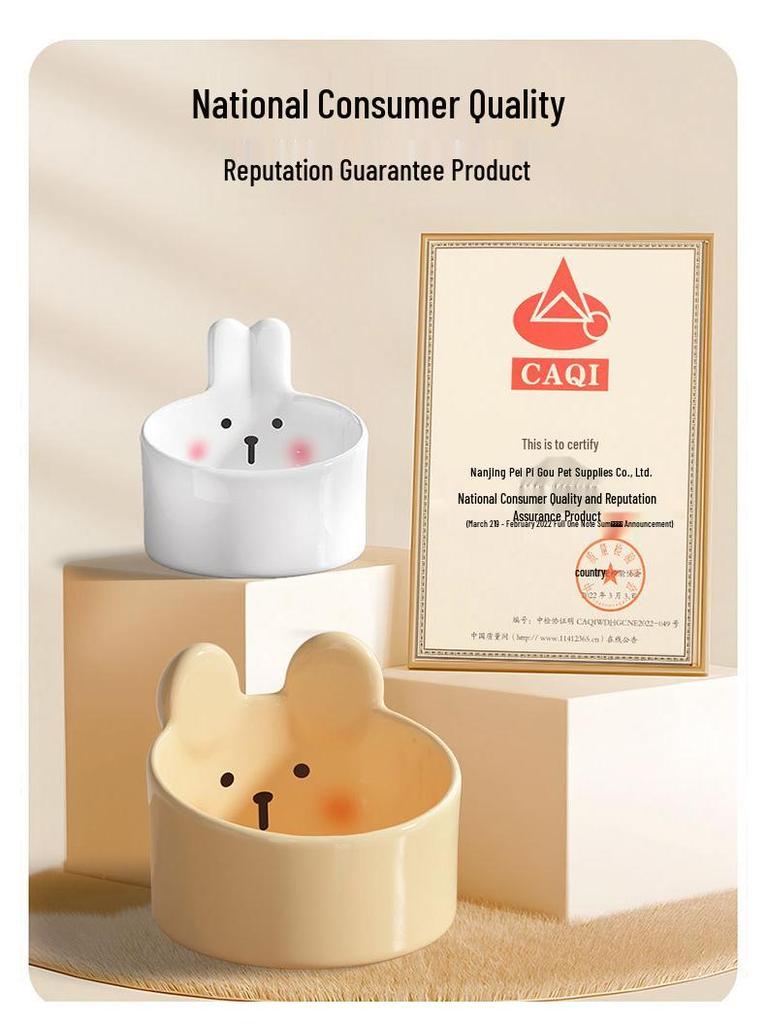 Cute Blush Bear Ceramic Pet Bowl - Slanted Large Diameter Bowl for Cats and Dogs