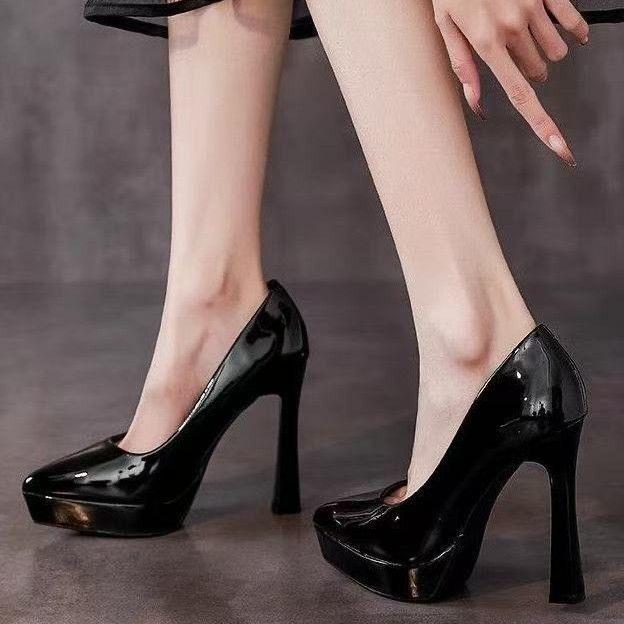 Waterproof Table Single Shoes Etiquette Women's Feet Catwalk Red High Heels French Spring and Autumn Not Tired Patent Leather Thick Heel Versatile