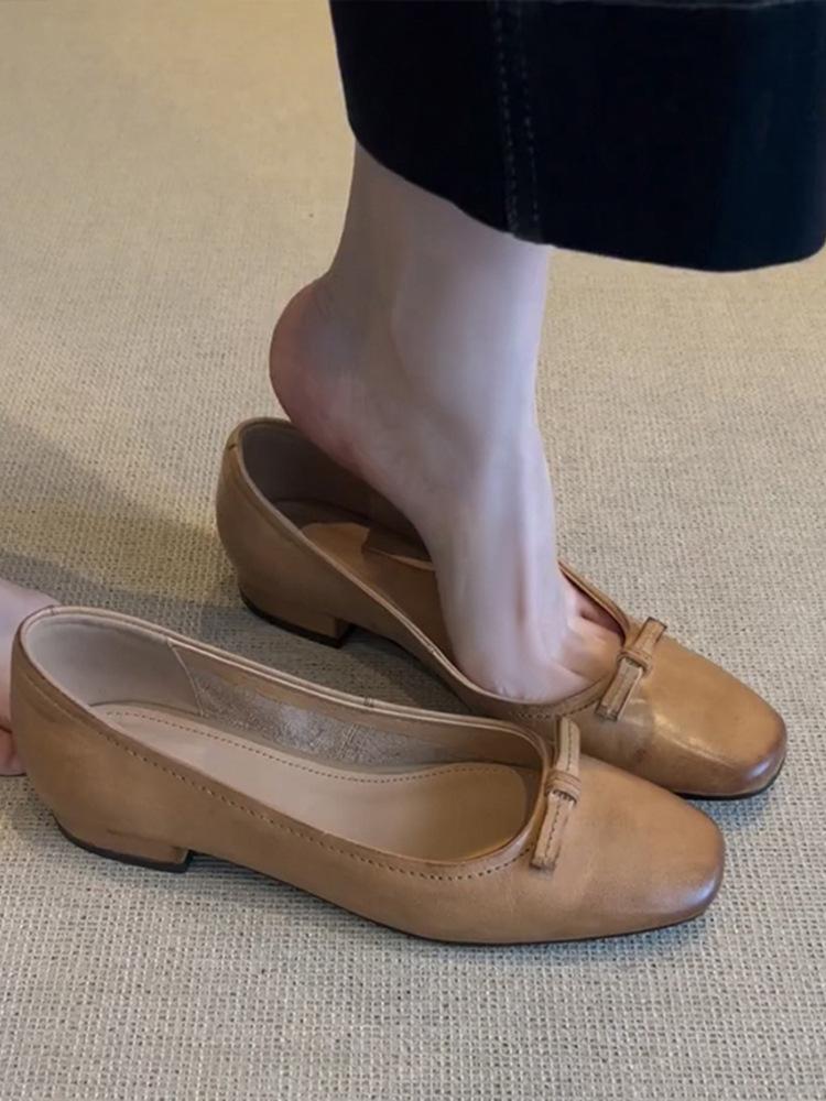 Sheepskin Leather Shoes French Retro Bow Flat Bottom Shallow Mouth Commuting Single Shoes Women's One-pedal Grandma Shoes Ladyshoes