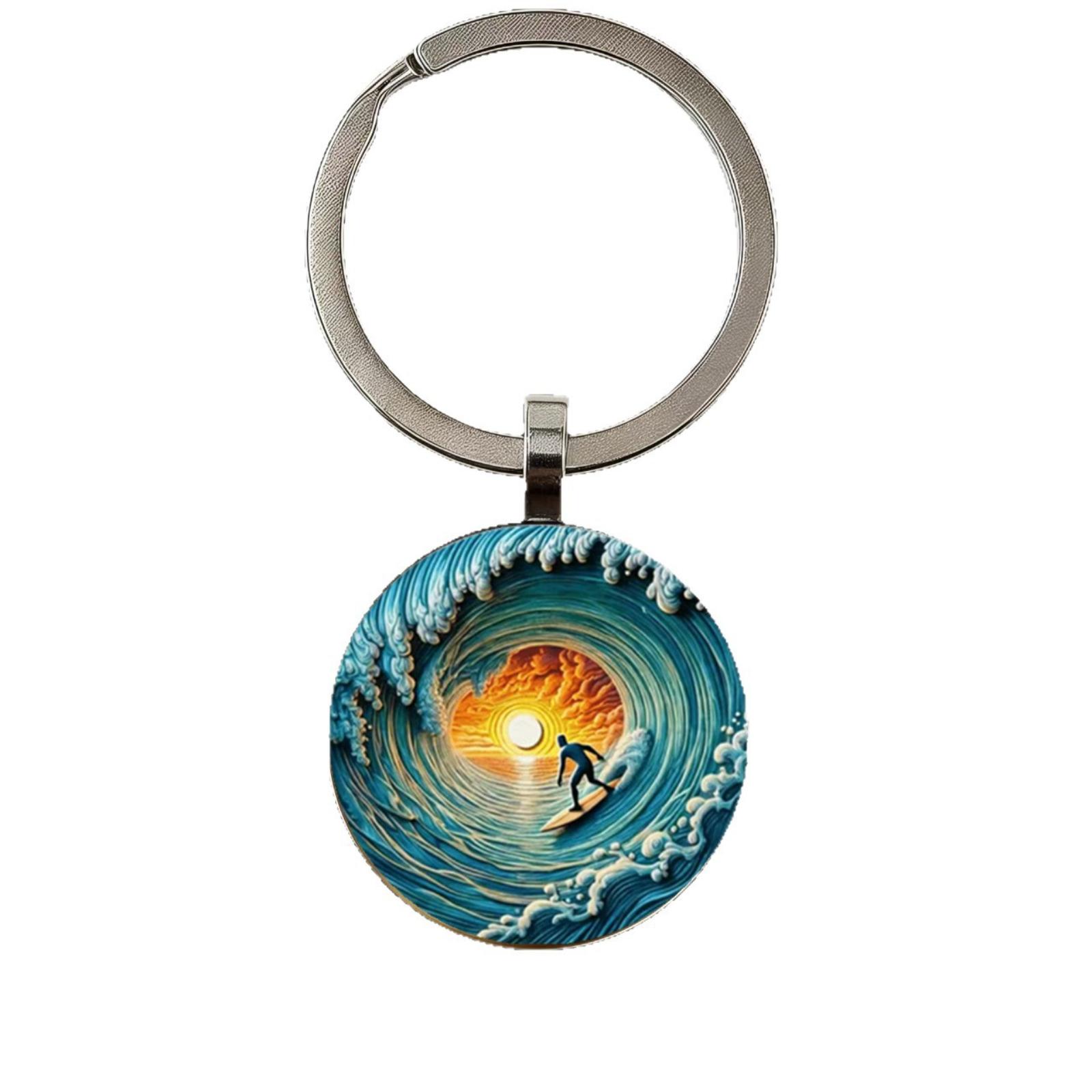 

Round Alloy Keychain Pendant with Metal Key Ring and Surfing Wave Print for Bag Decoration and Key Organization One Size