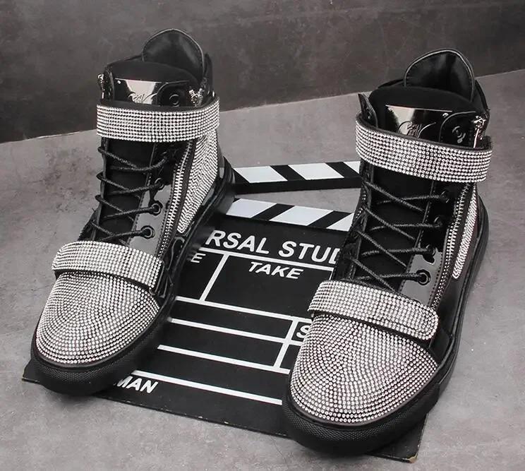 

Designer Mens Glitter Rhinestones High Tops Casual Flats Shoes for Men Skateboard Thick Bottom Sneakers Men Shoes Man 39