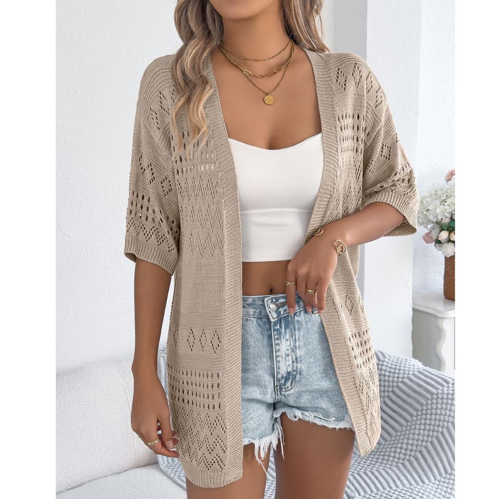 Women's Casual And Fashionable Solid Color Hollow Out Mid Sleeve Knitted Cardigan