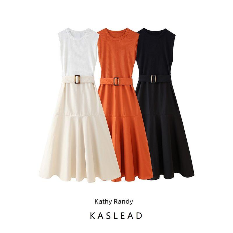 Kaslead New Arrival Women's Clothing Fashion Style Fashion with Belt Patchwork Sleeveless Dress 0264636