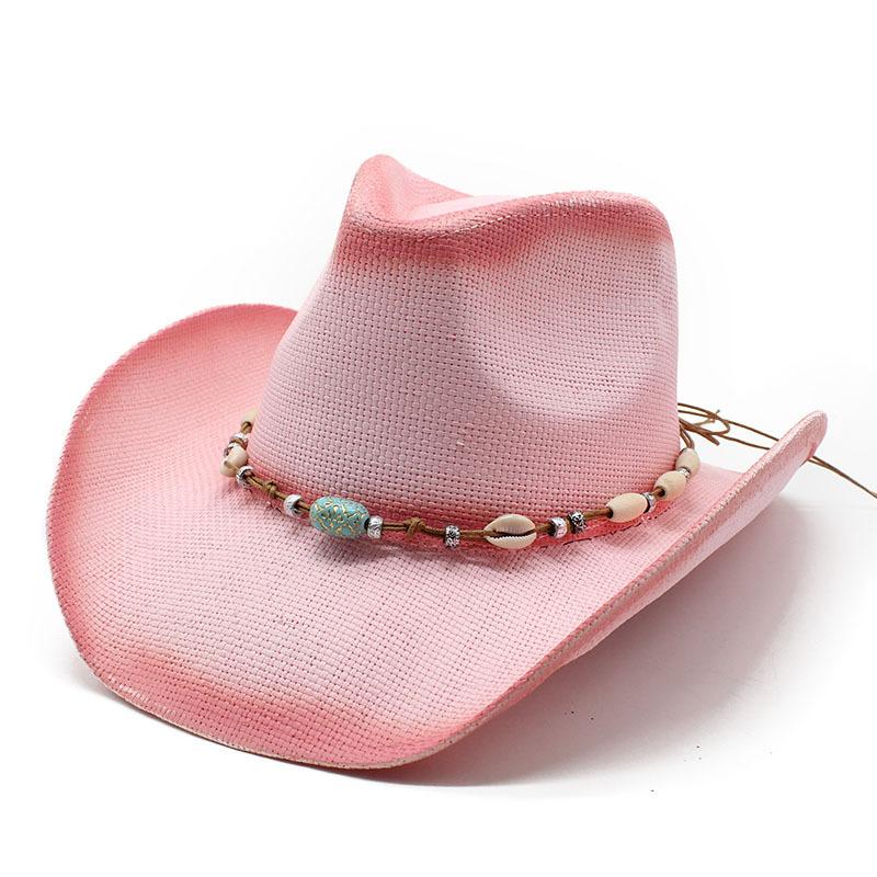 

Spray Paint Warped Edge Western Cowboy Hat Spring Summer Beach Visor Hat Pink Retro Cowboy Straw Hat Seaside Hat M（56-58cm） троянди рожеві кольору
