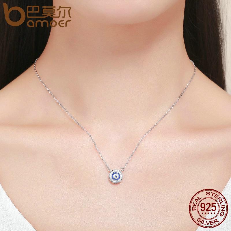 Bamoer Hot Sale 925 Sterling Silver Lucky Blue Eye Clear CZ Pendant Necklace