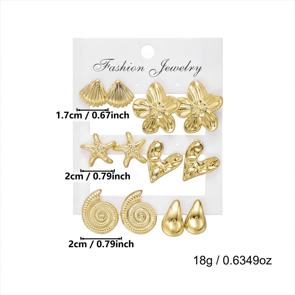 6Pairs Boho Gold Ocean Earrings Set for Women Shell Starfish Flower Heart Studs Summer Beach Party Daily Wear Jewelry Gift