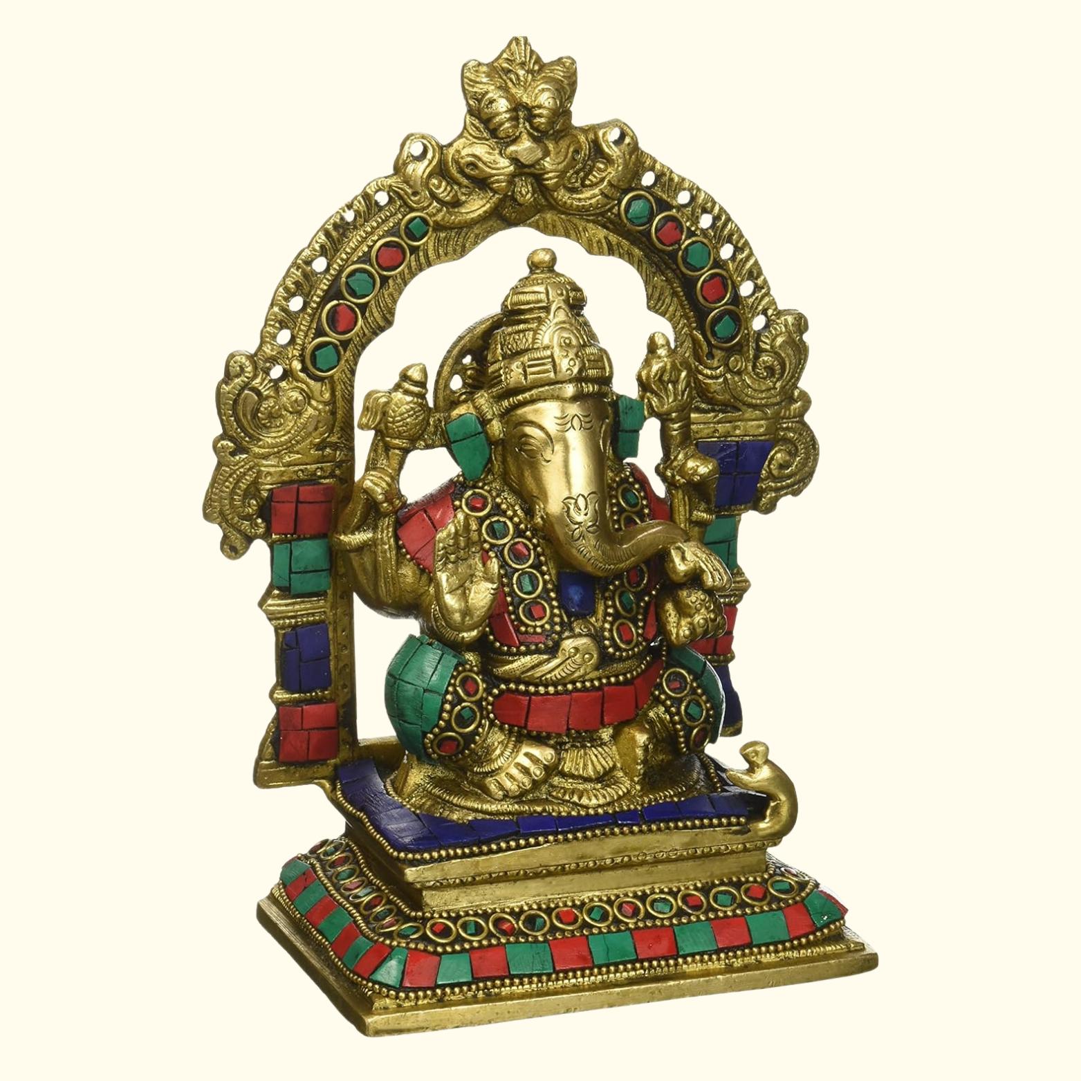 Pure Brass Ganesha Idol With Stonework & Arch, Ganpati Ji Pooja Murti - 7 Inch