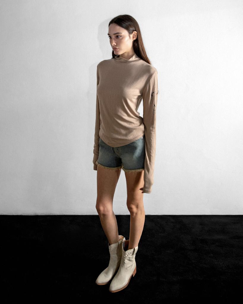 Maegolenseoul Tattooed Eclipse Loose Fit Turtleneck Long Sleeve Mocha Beige