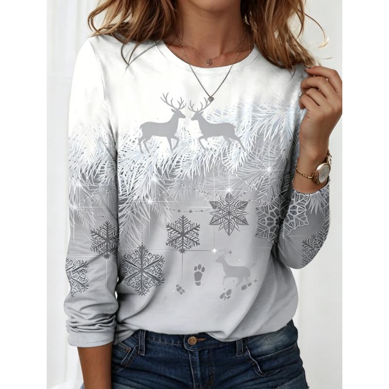 Women's Long Sleeve Crew Neck Christmas Print Casual T-Shirt, Regular Tops for Spring Summer Daily Holiday Party Wear