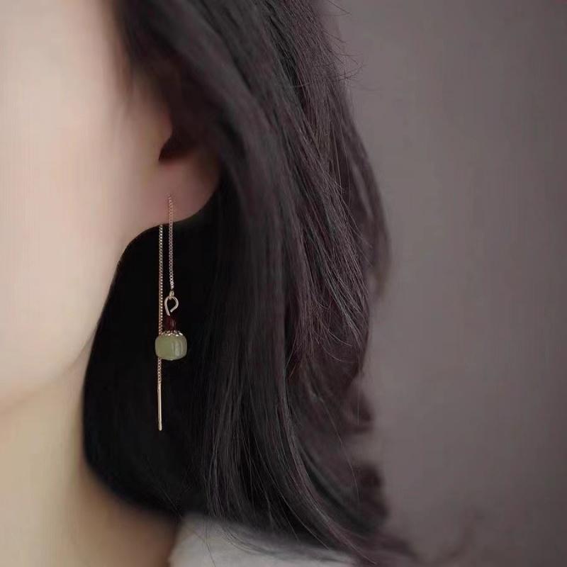 Gold Color Hetian Jade Earrings for Women Girl Simple Temperament Green Round Ear Line Jewelry Girls Gift Dropshipping Wholesale
