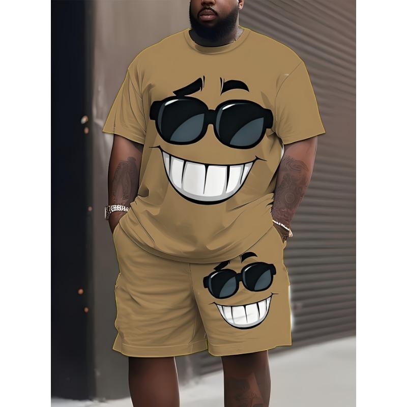 Große Größe neuer Sommer Herren Kurzarm-Shorts-Anzug [bedrucktes Design - keine Textur] Sommer Herren Kreatives Cooles Glückliches Muster Bedruckter Anzug