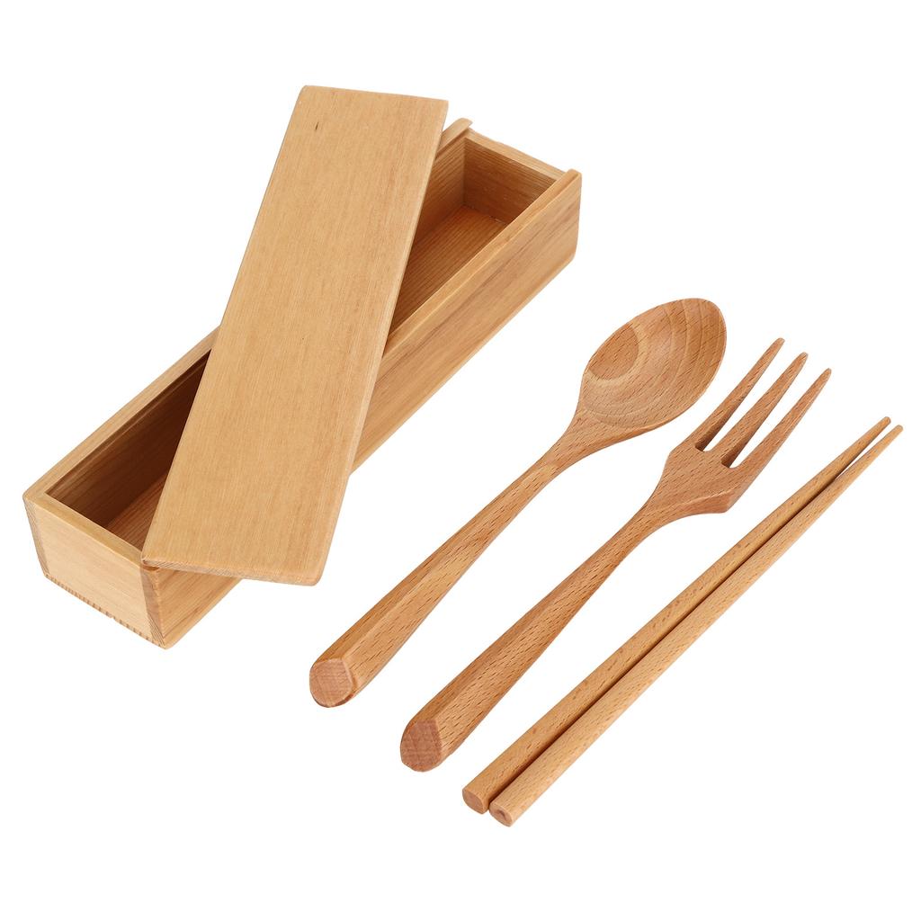 Tragbares Essgeschirr-Set Wiederverwendbares Geschirr Holzlöffel Essstäbchen Gabel für Reisen Camping