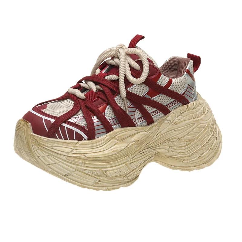 Móda 8CM Nové Prodyšné Síťované Jaro Podzim Robustní Podpatky Tenisky Vysoká Platforma Tatínkovské Boty Dámská Móda Klínky Ležérní Chůze Tenisky