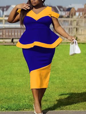 Patchworkové šaty Bodycon Party Cold Rameno Color Block Ženy Peplum Krátký rukáv Výstřih do V Elegantní africké letní oblečení do kanceláře Velká velikost