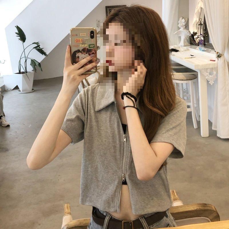 Women's Turn Down Collar Short Sleeve Blouse Loose Fit Cropped Zip Front Solid Color Korean Casual Summer Crop Shirt Top