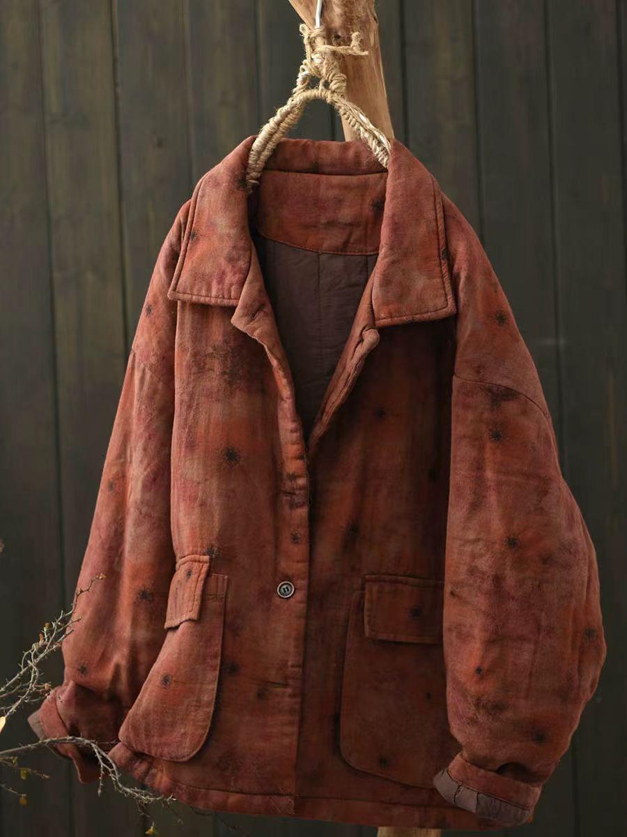 

Johnature Зимові однобортні пальта з вінтажним відкладним коміром і принтом, вільні жіночі індивідуальності One Size червоний