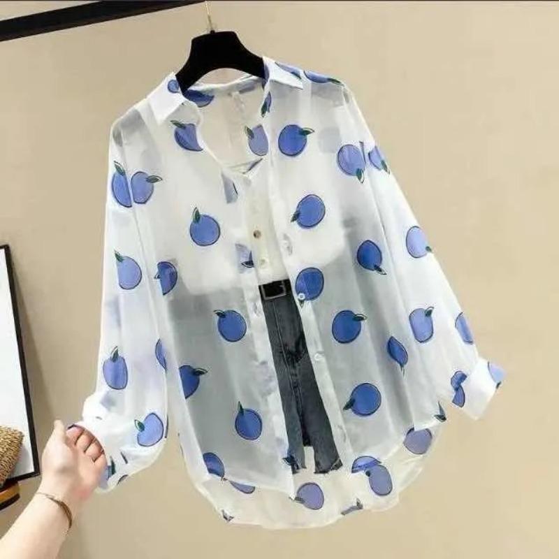 

Свободная шифоновая солнцезащитная рубашка. Маленький кардиган с длинными рукавами и кондиционером. Женская летняя одежда. Женские блузки с тонким принтом Love. Рубашка с воротником поло. S синий