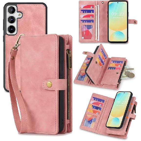 TwoHead Wallet Case Compatible with Samsung Galaxy S24 FE,Detachable Magnetic Phone Case,PU Leather All-Round Protective Case Wallet,with Card розовый