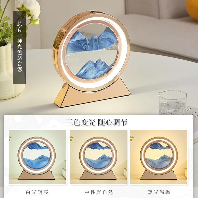 LED Moving Sand Art Table Lamp, 3D Quicksand Night Light, Flowing Sandscape Hourglass Decor for Bedroom Office, Gift