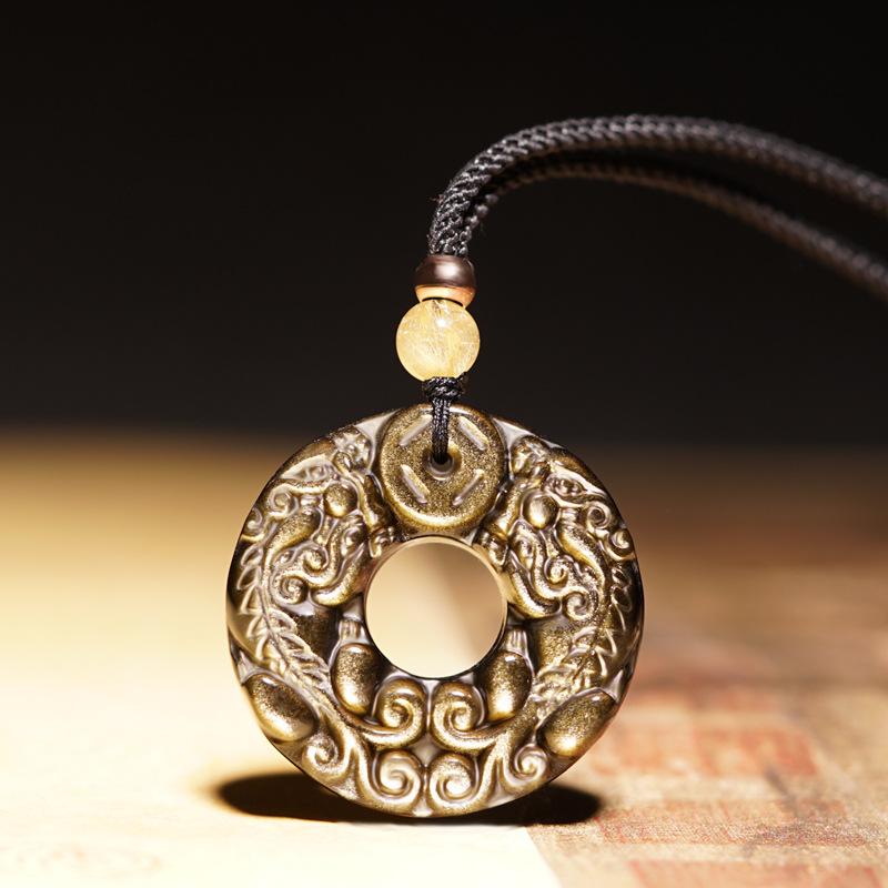Obsidian Double Pixiu Pendant for Wealth, Pi Xiu Peace Buckle Necklace for Women, Couple s Crystal Pendant Gold obsidian hand-woven