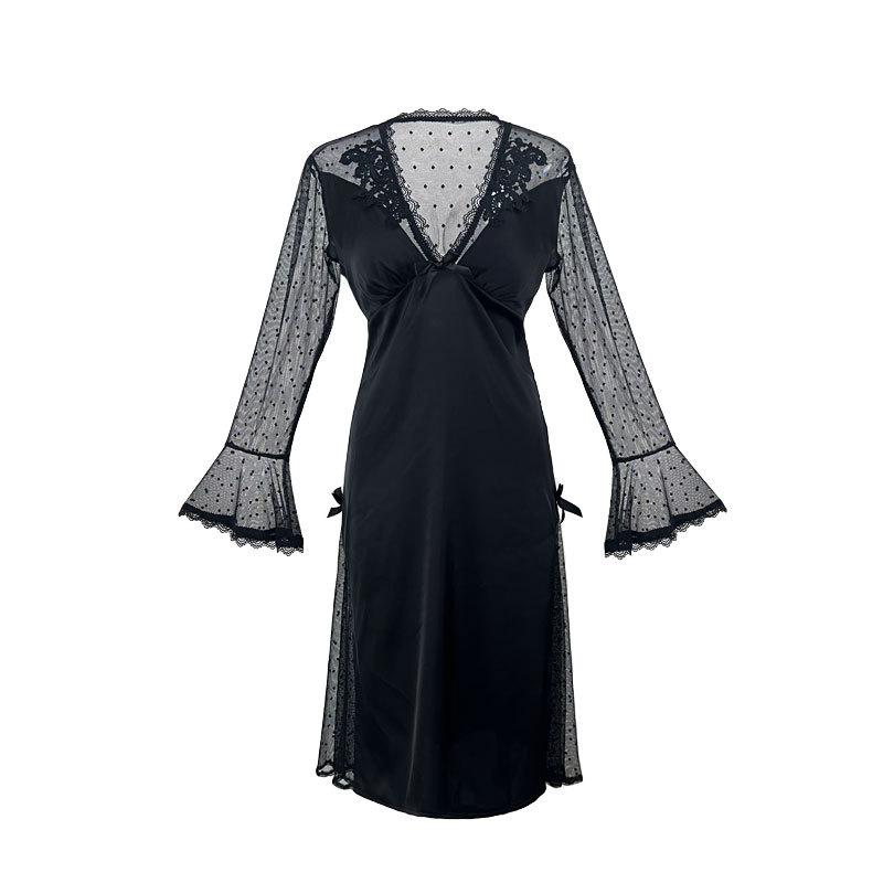 Fairy Style Semi-Sheer Backless Nightgown Ice Silk Mesh Polka Dot Slim Fit Long Cami Loungewear 535 Dreamy Lightweight Sleepwear for Summer Nights