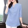 Spring Summer Thin Solid Color Three Quarter Sleeve T-Shirts Button Simplicity V-neck Elegant Vintage Casual Women's Clothing
