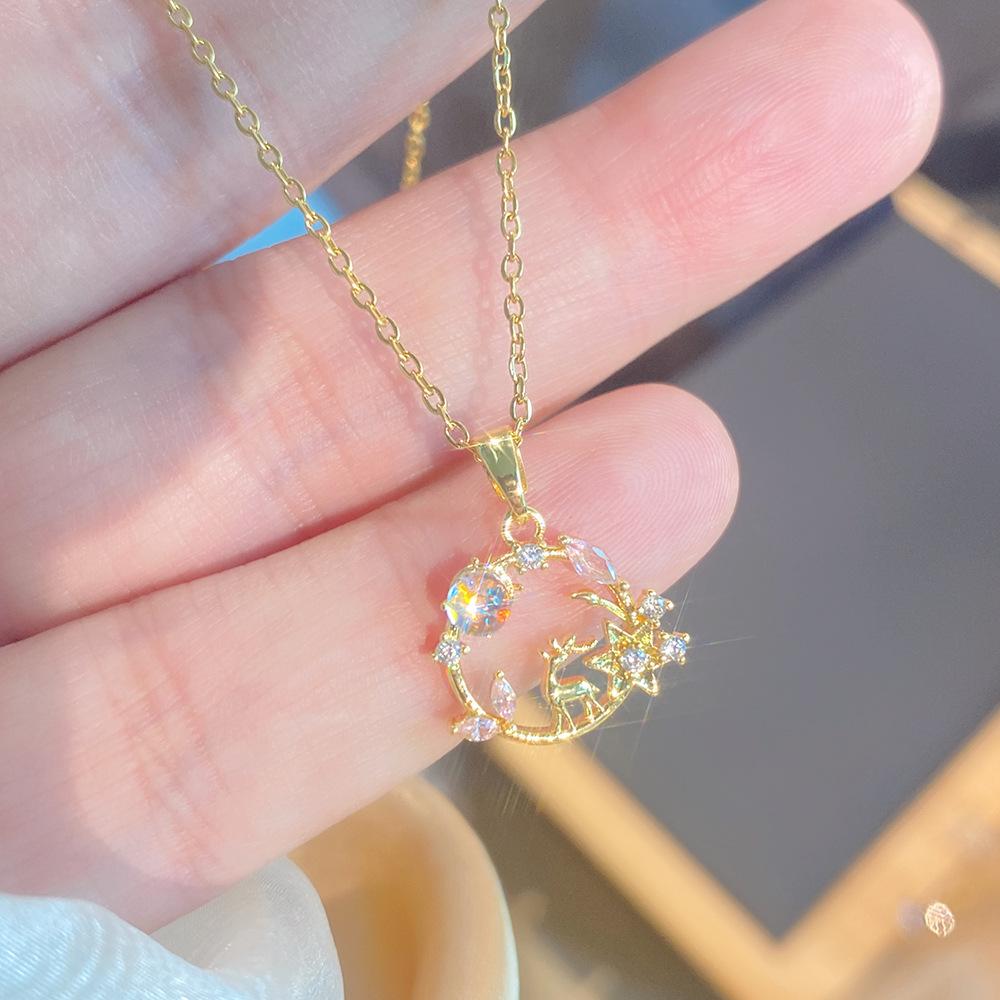 Light Luxury Full Diamond Inlaid Zircon Titanium Steel Clavicle Chain Fairy Versatile Delicate Necklace Gift for Girlfriend