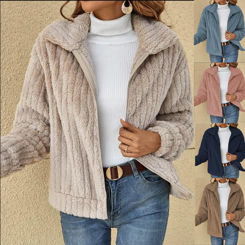Women Fashion Winter Warm Comfortable Long Sleeve Lapel Fleece Plush Jacket Coat