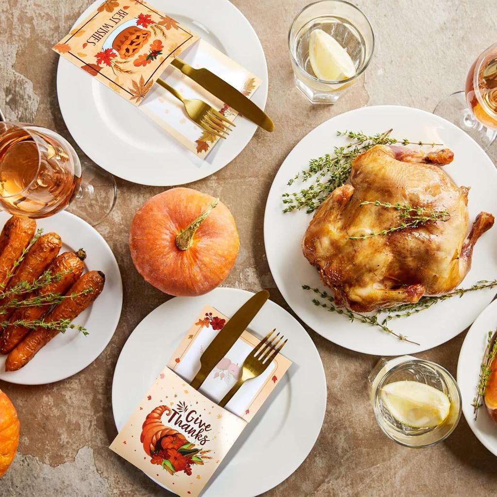Naler 24 Pieces Thanksgiving Cutlery Holder Set, Fall Thanksgiving Utensil Holder, Thanksgiving Silverware Holders for Thanksgiving Party Supplies