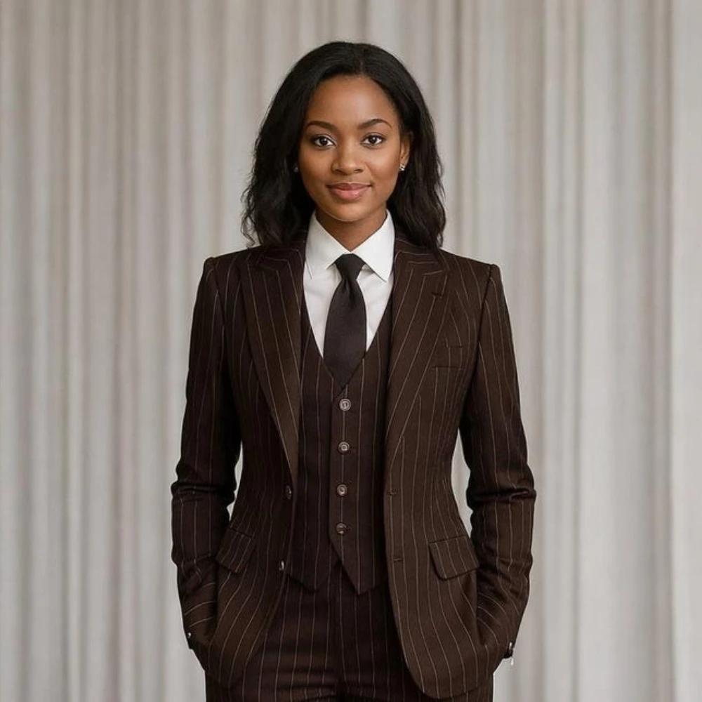

Dark Brown Striped Women Suit 3 Piece Elegant Peak Lapel Single Breasted Wear Wedding Office Lady Daily Smart Casual Outfit S бистр