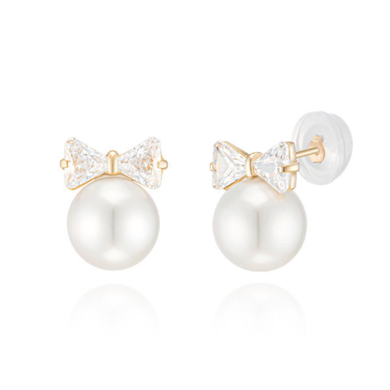 

14K Gold Earrings with Cute Ribbon Pearls BE02023 Yellow Gold