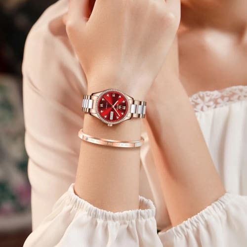 OLEVS Women's Watch Popular Mechanical Arm Watch Women's Stylish Date Cute Bracelet Present Ceramic Red