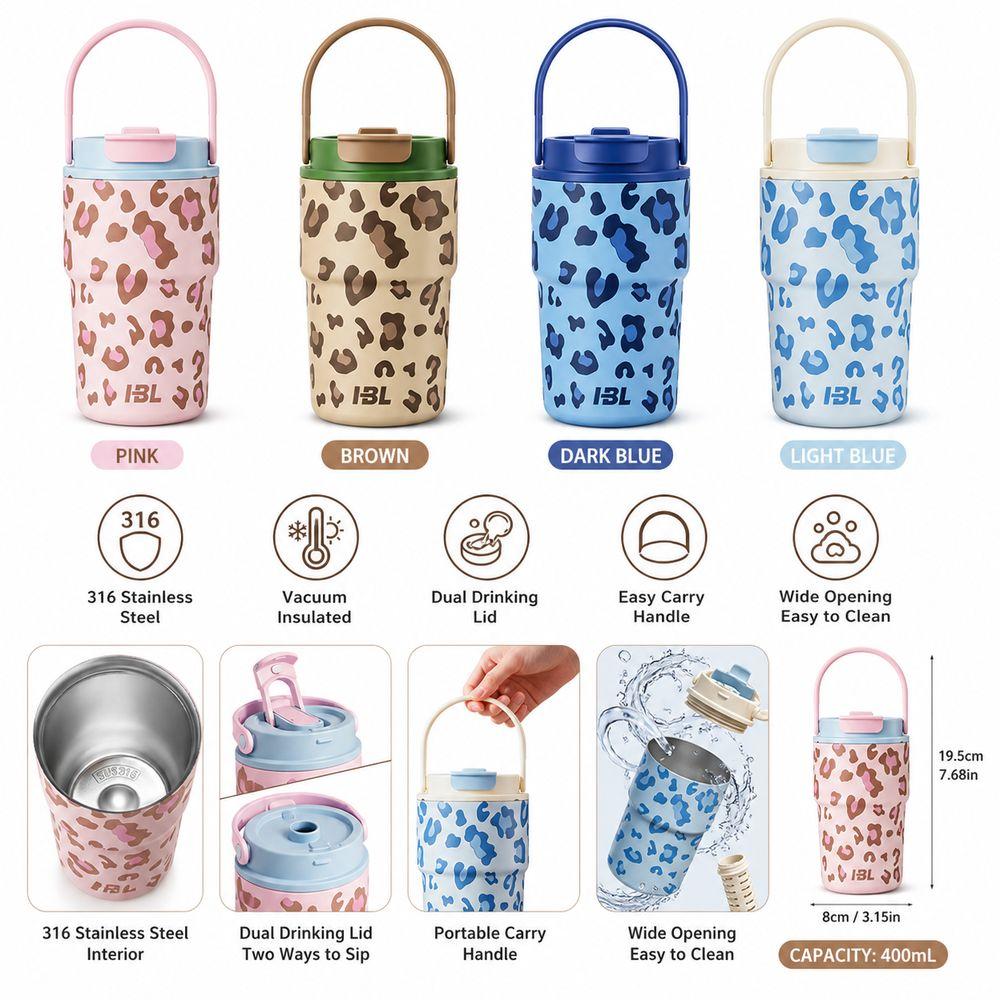 Dual Drinking Lid Insulated Water Bottle Leopard Print Portable Thermal Flask School Use