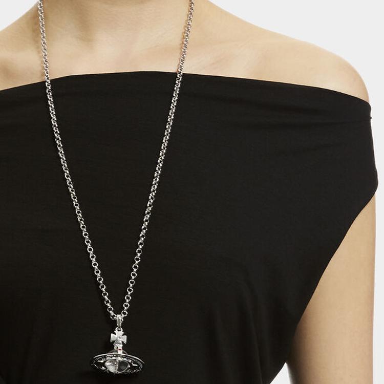 VIVIENNE WESTWOOD New Small 3D Saturn Glass Brass Crystal Necklace Unisex Necklace Silver 6302009602P019
