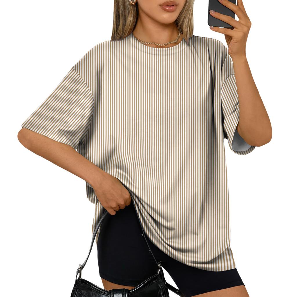 Women’s Casual Loose Fit Striped Short Sleeve Top Summer Oversized Pullover Crew Neck Lightweight Relaxed T Shirt Blouse