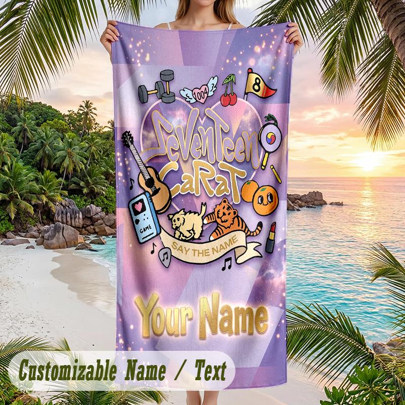 SEVENTEEN Beach Towel, Personalized Custom Name Text, Quick Dry Large Absorbent Towel For Beach Pool