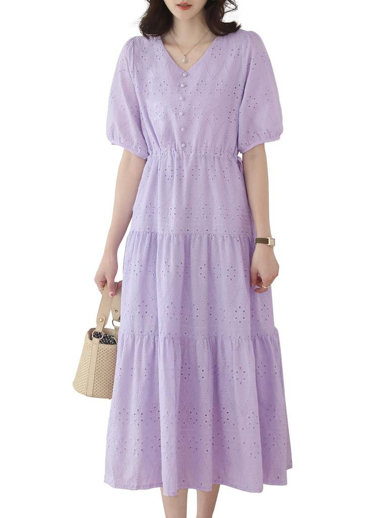 Sueeya Long Dress with Embroidered Short Puff High Stylish Perfect for and Outings in Summer Women's Lace, Sleeves, Ruffles, Sleeves, Waist, Ribbon,