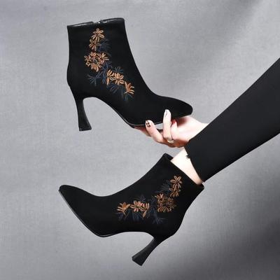 Fashion Embroidered High Heeled Short Boots for Women's Ankle Boots, Pointed Embroidered Black Matte Fashion Short Boots for Women