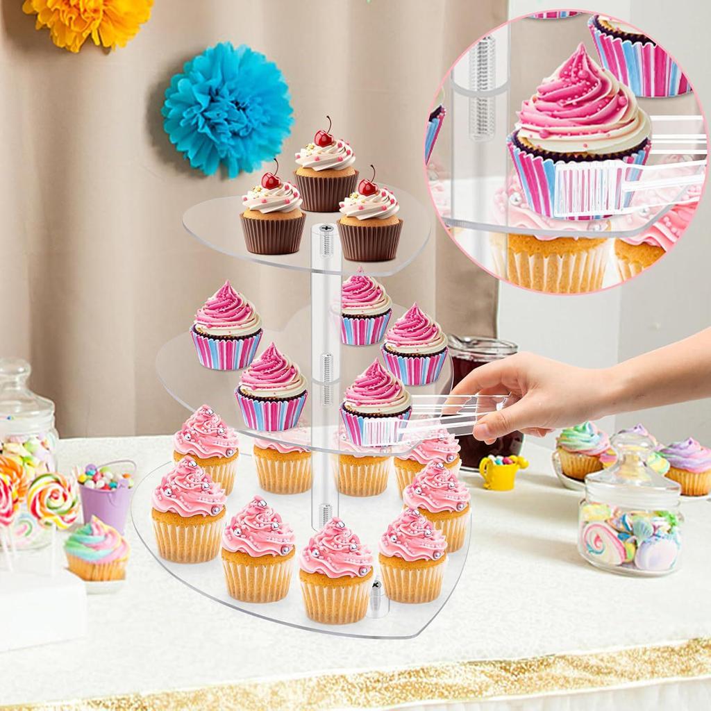 Three-Tier Heart-Shaped Acrylic Cupcake Stand for Weddings and Parties