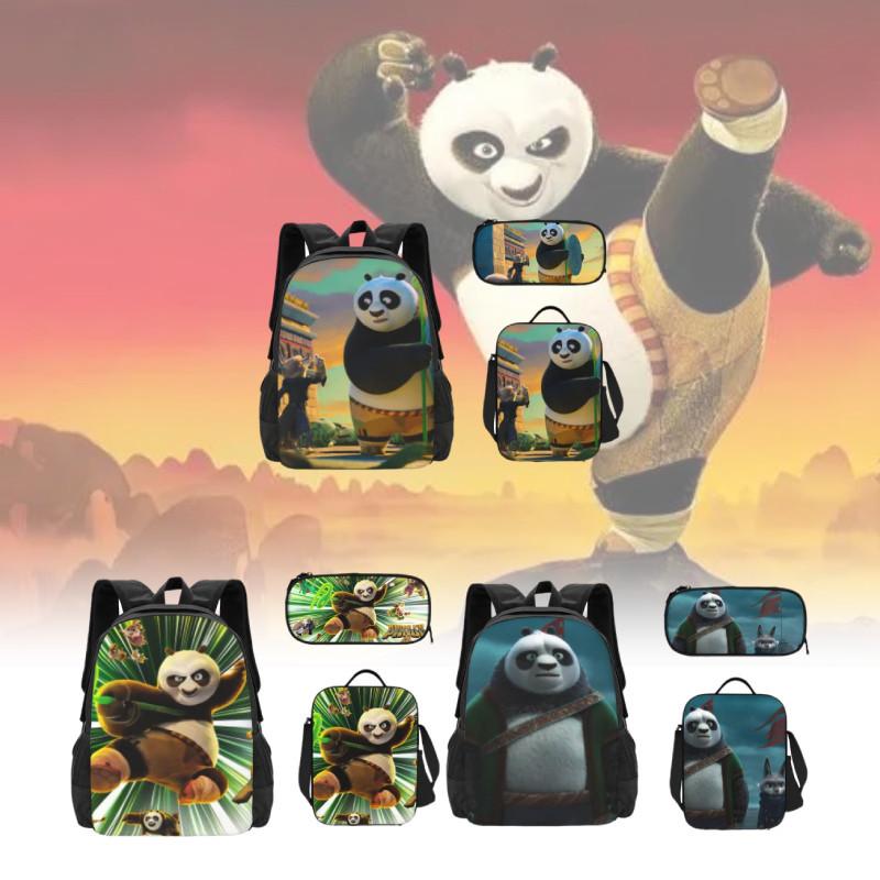 Kung Fu Panda Backpack Set Waterproof Cartoon Design For Kids School 3-piece Set