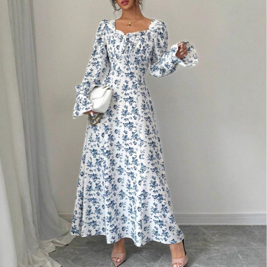 

весна осень женское вечернее платье для вечеринки модное А-силуэта повседневное свободное элегантное платье с цветочным принтом пояс макси облегающее платье женское XL