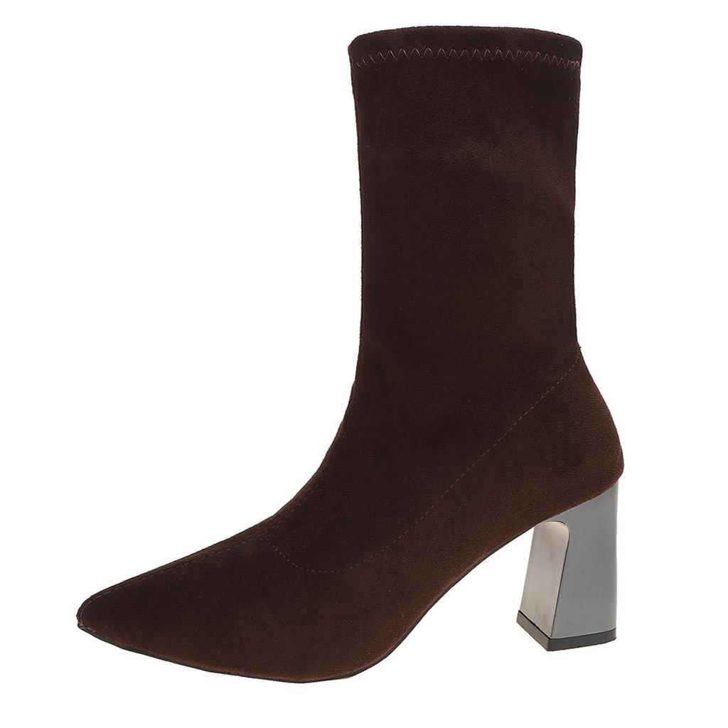 Wildleder spitze hochhackige Mode-Stiefel Damen Winter neu dünn Retro Übergröße Ärmel elastische dünne Stiefel
