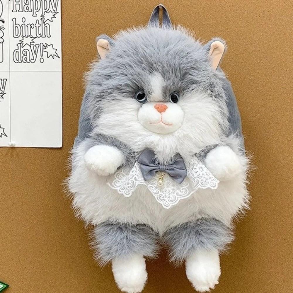 Large Capacity Cat Backpack Soft Fluffy Shoulder Bag Cartoon Plush Rucksack  For Women