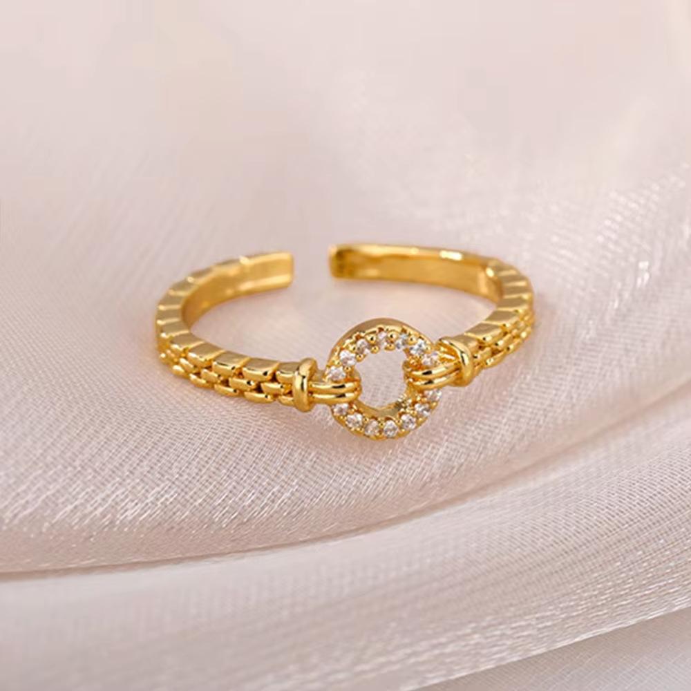 Zircon Chain Cross Rings For Women Vintage Gold Color Stainless Steel Geometric Open Ring Fashion Wedding Aesthetic Jewelry Gift