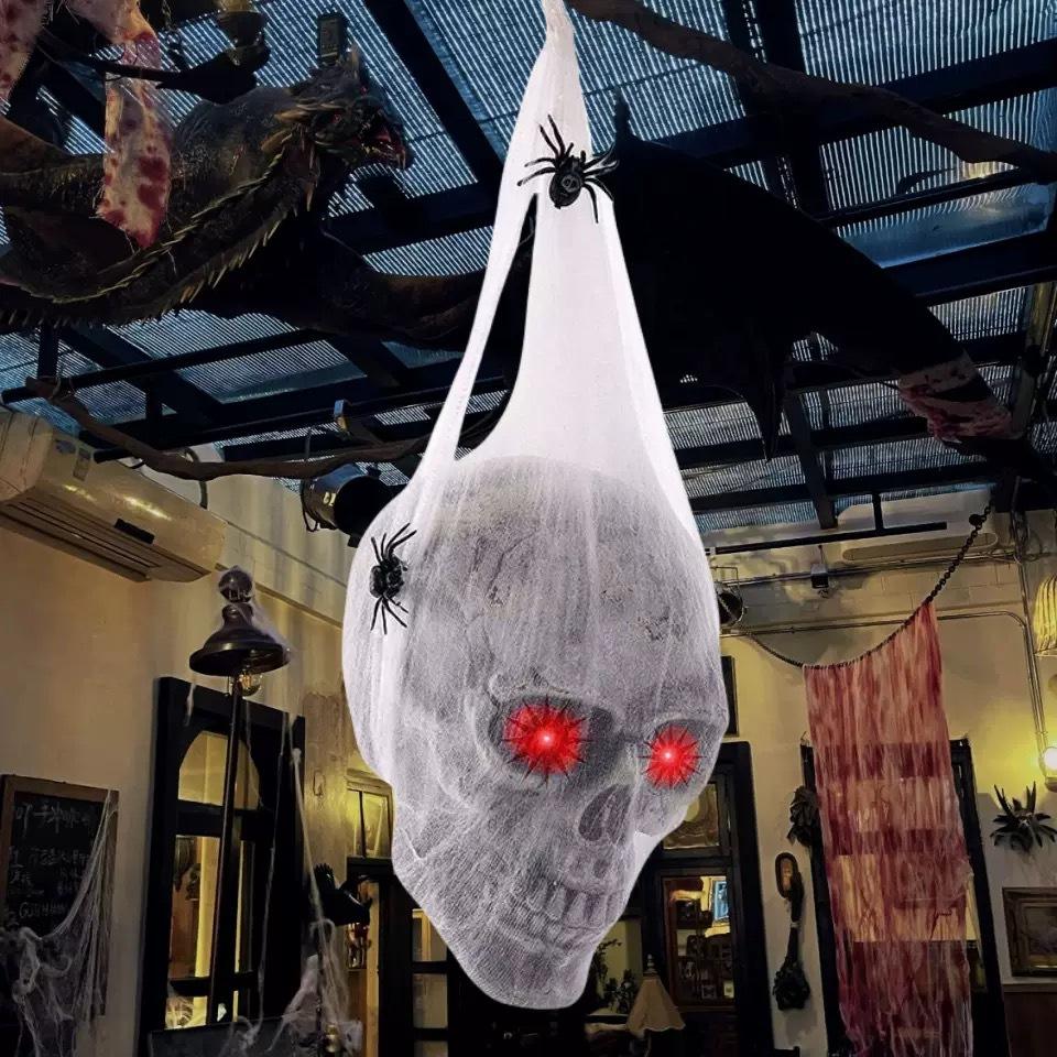 Halloween Horror Glowing Sound Control Spider Cotton Skull Prop Ghost House Secret Room Courtyard Decoration Decor
